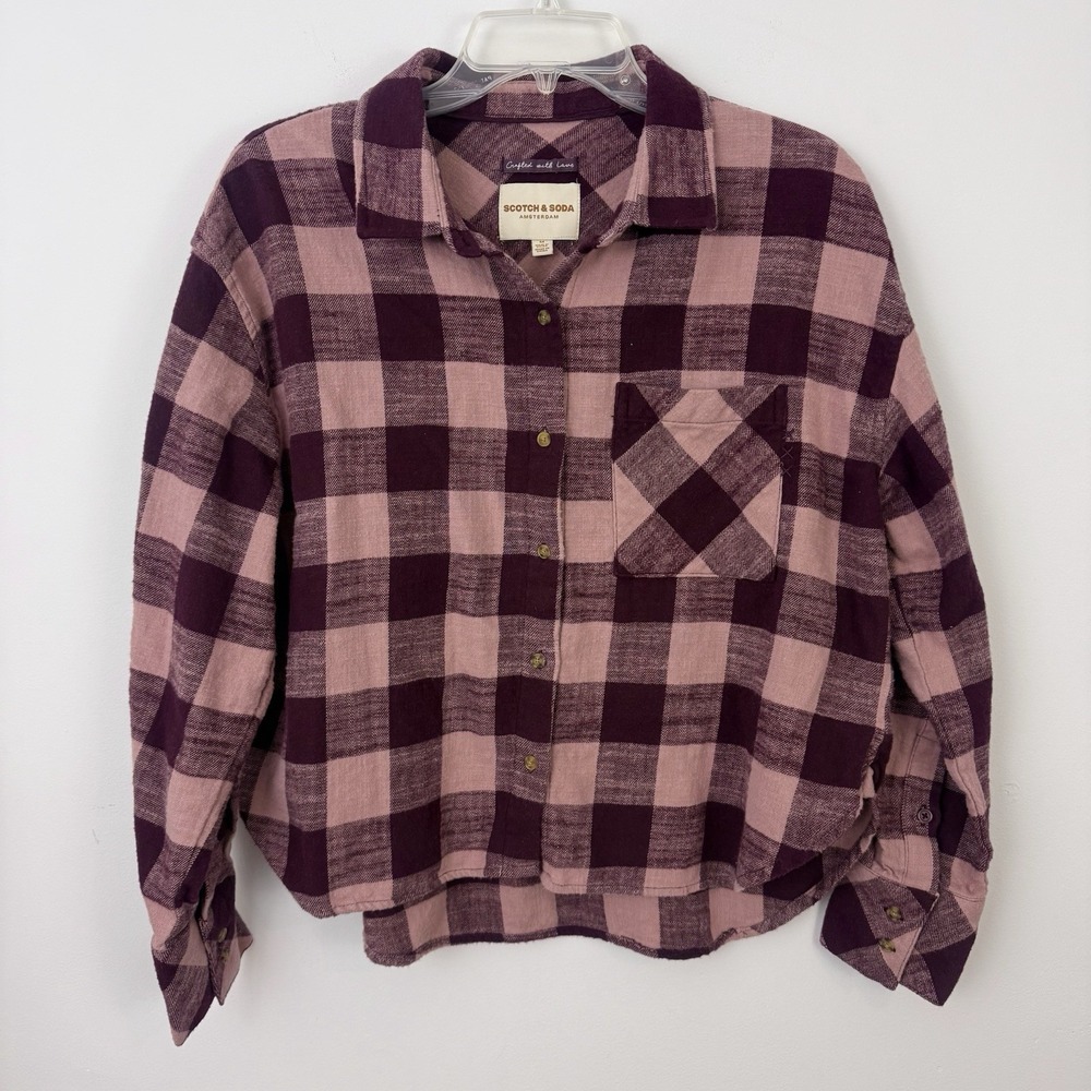 SCOTCH & SODA Plaid Flannel Womens BUTTON SHIRT Medium Cropped Boxy Gorp Granola